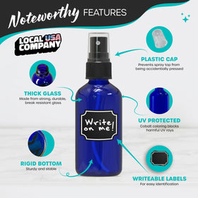 Nevlers blue glass spray bottle with precise nozzle for even mist.