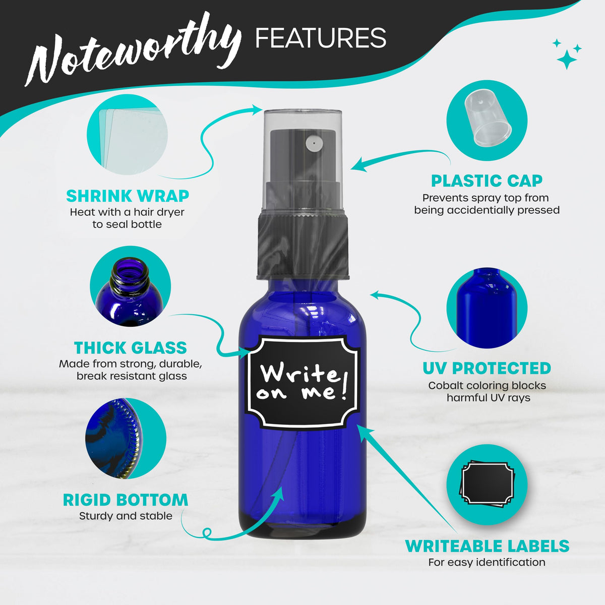 Nevlers blue glass spray bottle pump-top close-up demonstrates precise mist control.