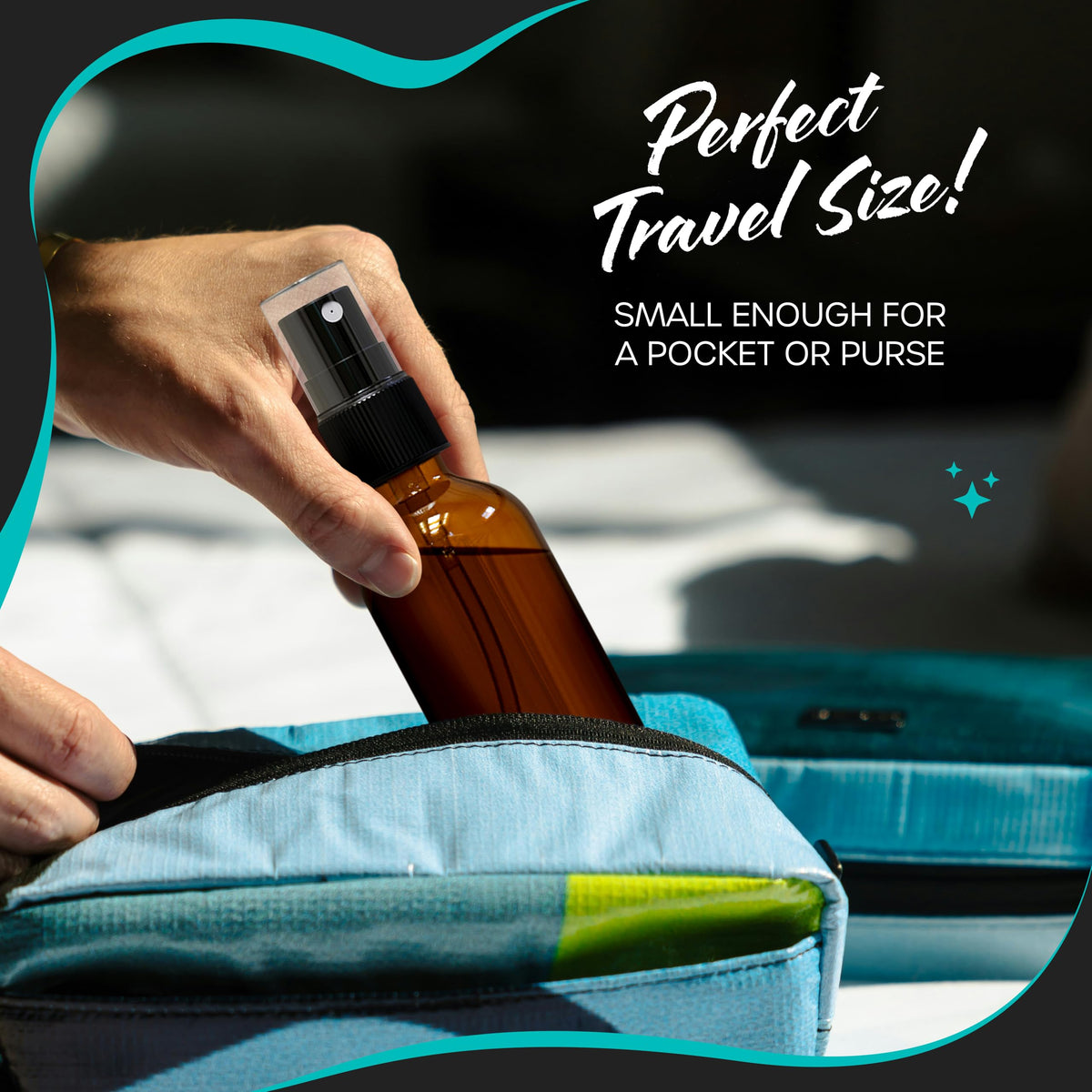 Travel-friendly 4 oz glass spray bottles fit in bags