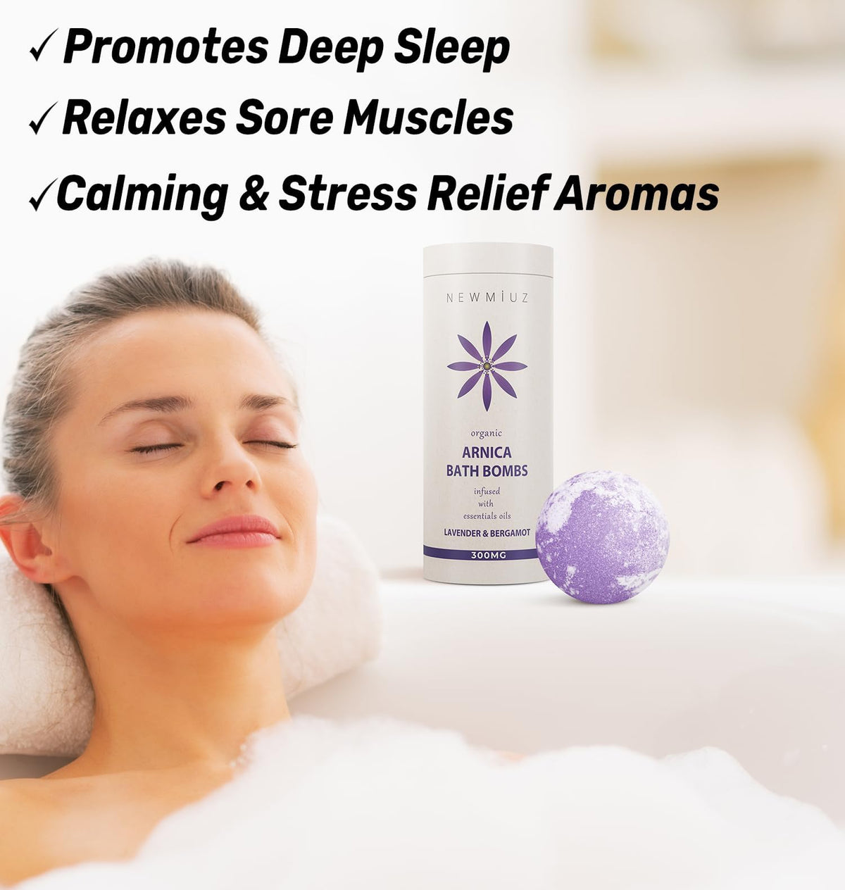 New Miuz Arnica Bubble Bath Bombs bergamot scent delivering a calm aromatic soak.