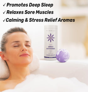 New Miuz Arnica Bubble Bath Bombs bergamot scent delivering a calm aromatic soak.