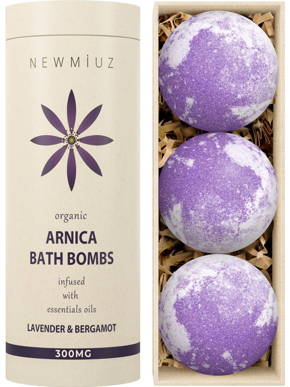 New Miuz Arnica Bubble Bath Bombs with lavender foam for a soothing spa-like bath.