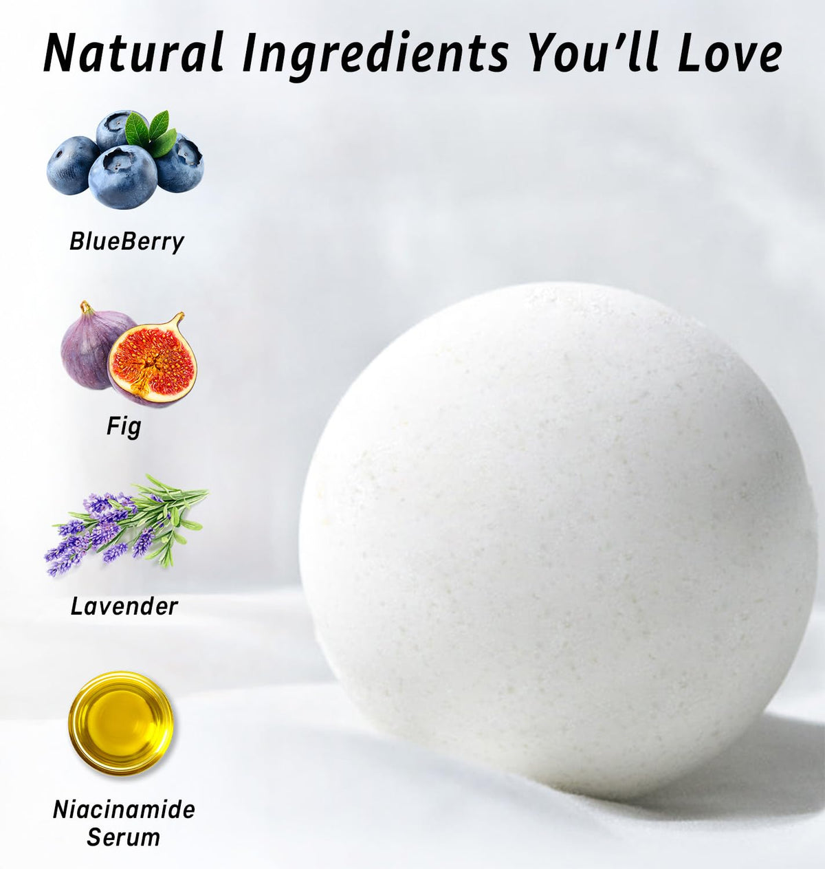 New Miuz Blueberry Fig bath bomb — fruity aroma boosts mood during bath.