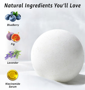 New Miuz Blueberry Fig bath bomb — fruity aroma boosts mood during bath.