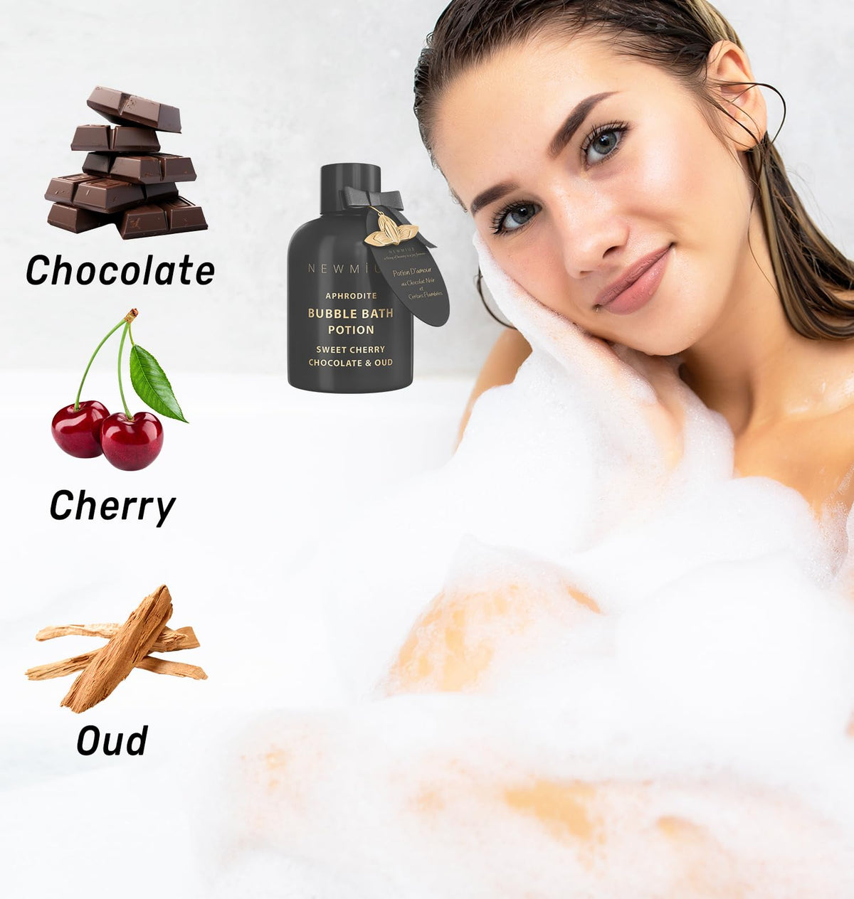 Cherry chocolate oud scent fills the bathroom for a relaxing aroma