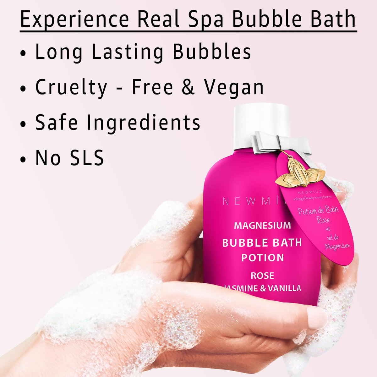 New Miuz Magnesium Bubble Bath aroma diffusion fills the bathroom with calming rose jasmine vanilla.