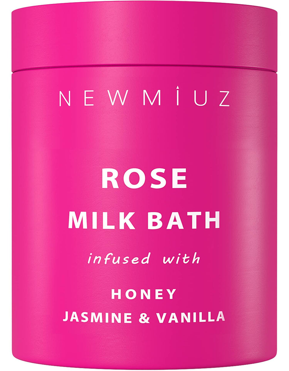 New Miuz Calming Rose Coconut Milk Bath Soak packaging for a luxurious home spa.