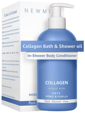 New Miuz Collagen InShower bottle pour shows the 2-in-1 conditioner and oil for hydration