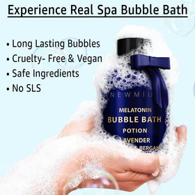 New Miuz Deep Sleep Bubble Bath bubbles swirl for a calming evening ritual.