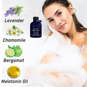 New Miuz Deep Sleep Bubble Bath lavender aroma fills the tub for relaxation.
