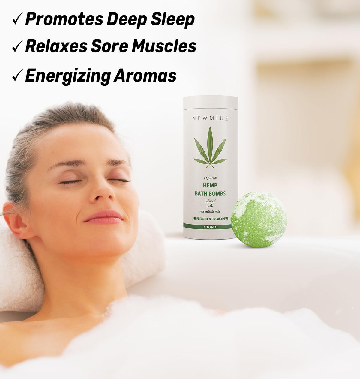 New Miuz hemp bath bomb with natural oils for calm, indulgent baths.