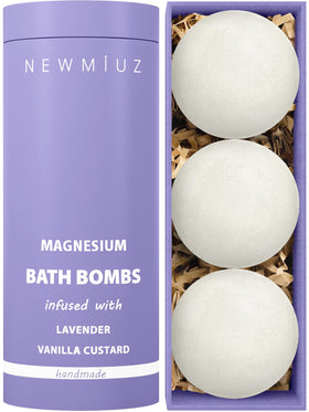 New Miuz magnesium lavender vanilla bath bomb closeup for relaxation