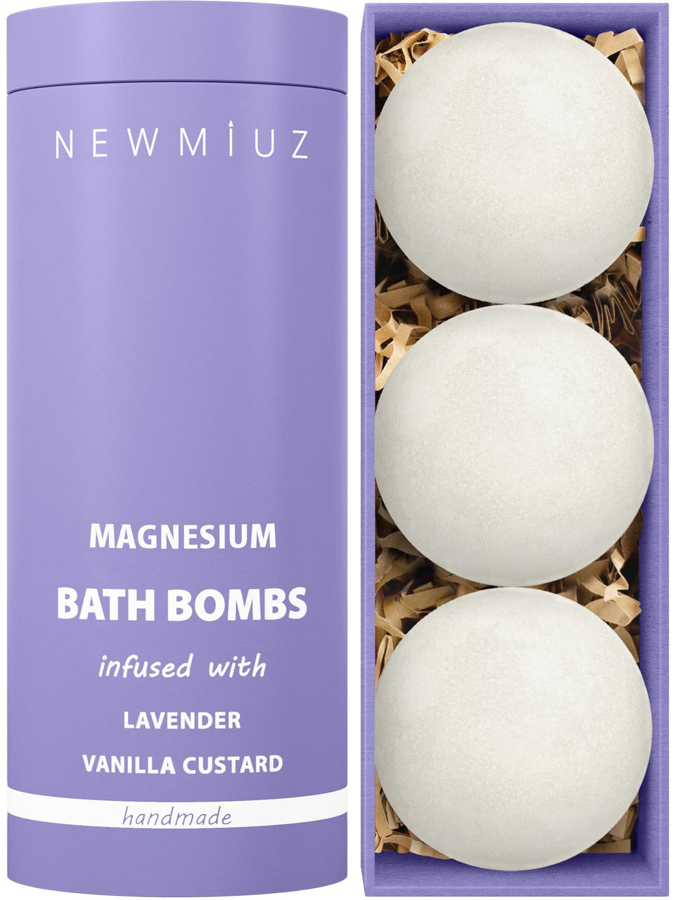 New Miuz magnesium lavender vanilla bath bomb closeup for relaxation