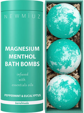 New Miuz magnesium menthol bath bomb close-up highlighting eucalyptus scent for relaxation.