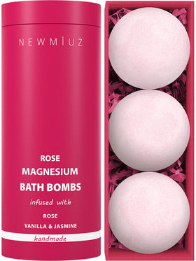 New Miuz magnesium rose vanilla bath bomb delivers a luxurious soak aroma.