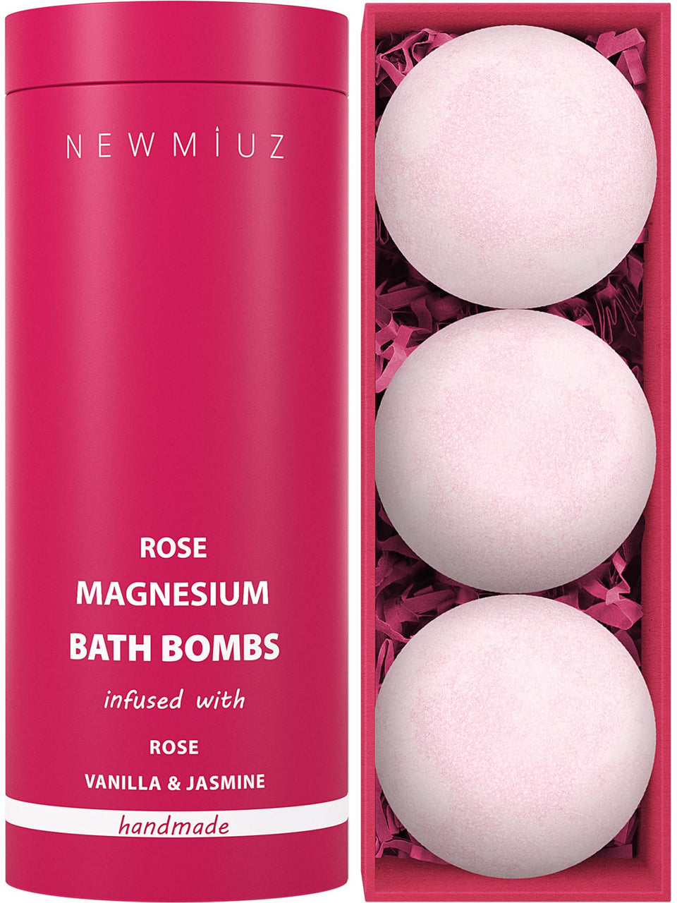 New Miuz magnesium rose vanilla bath bomb delivers a luxurious soak aroma.