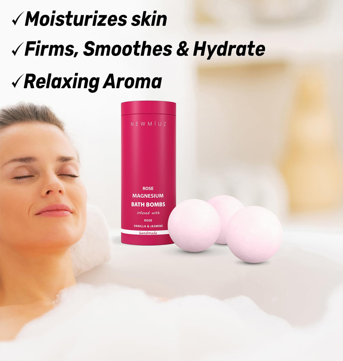New Miuz mega foaming bubbles enhance bath time with rich lather.
