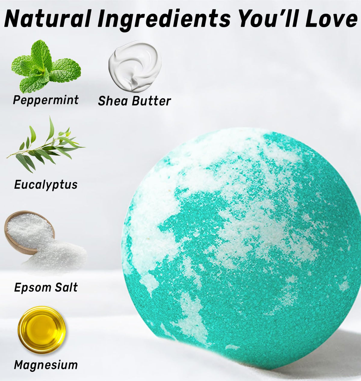 New Miuz natural ingredients featuring shea butter and magnesium for soothing bath experience.