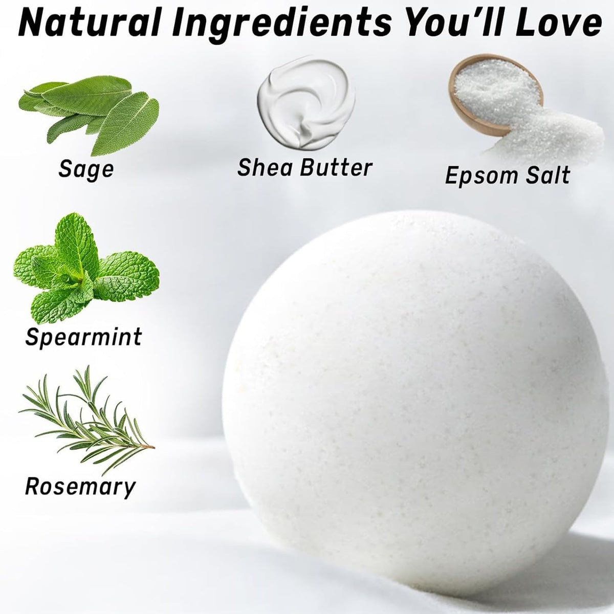 New Miuz Rosemary Spearmint Bath Bomb on display emphasizes refreshing scent and skin-nourishing oils.