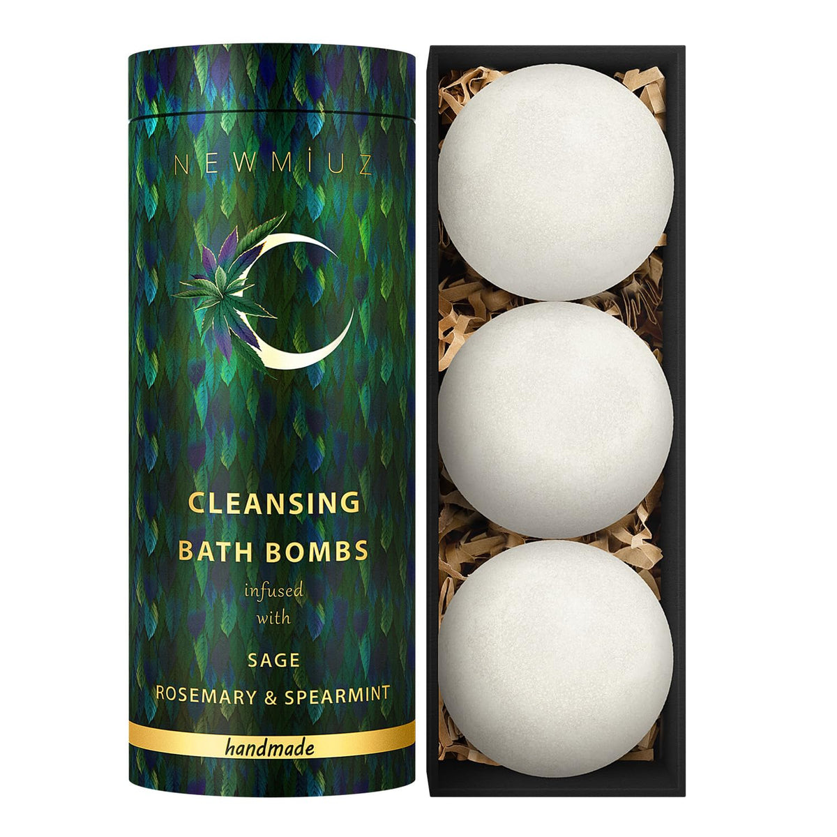 New Miuz Sage Bath Bomb packaging closeup showcasing premium ingredients for a luxurious soak.