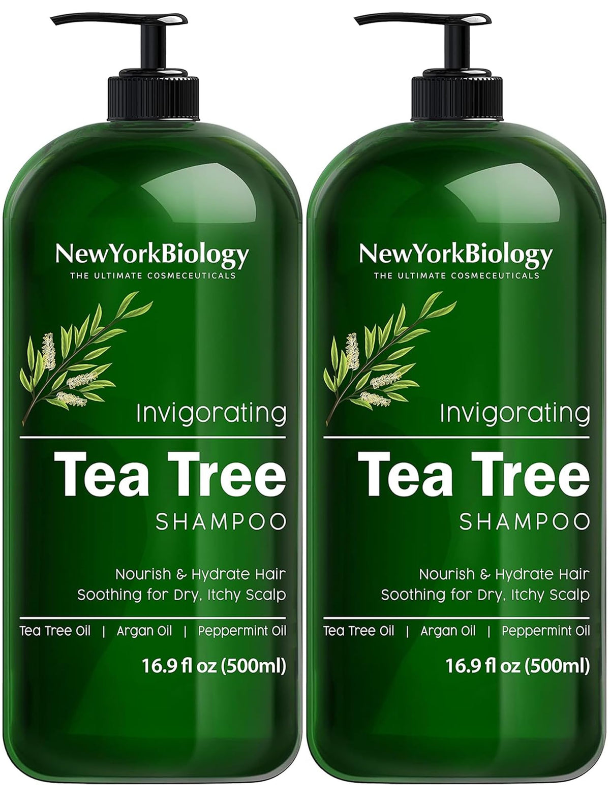 New York Biology Tea Tree Shampoo bottle pour for a refreshing scalp cleanse.