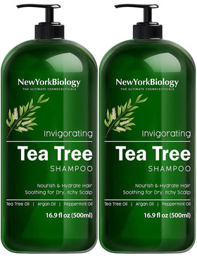 New York Biology Tea Tree Shampoo bottle pour for a refreshing scalp cleanse.