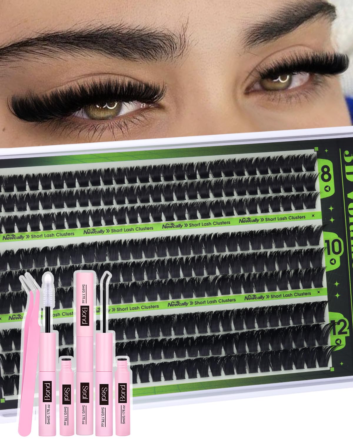 Newcally 100D volume lash clusters kit showing fluffy lash bundles for dramatic 3D looks