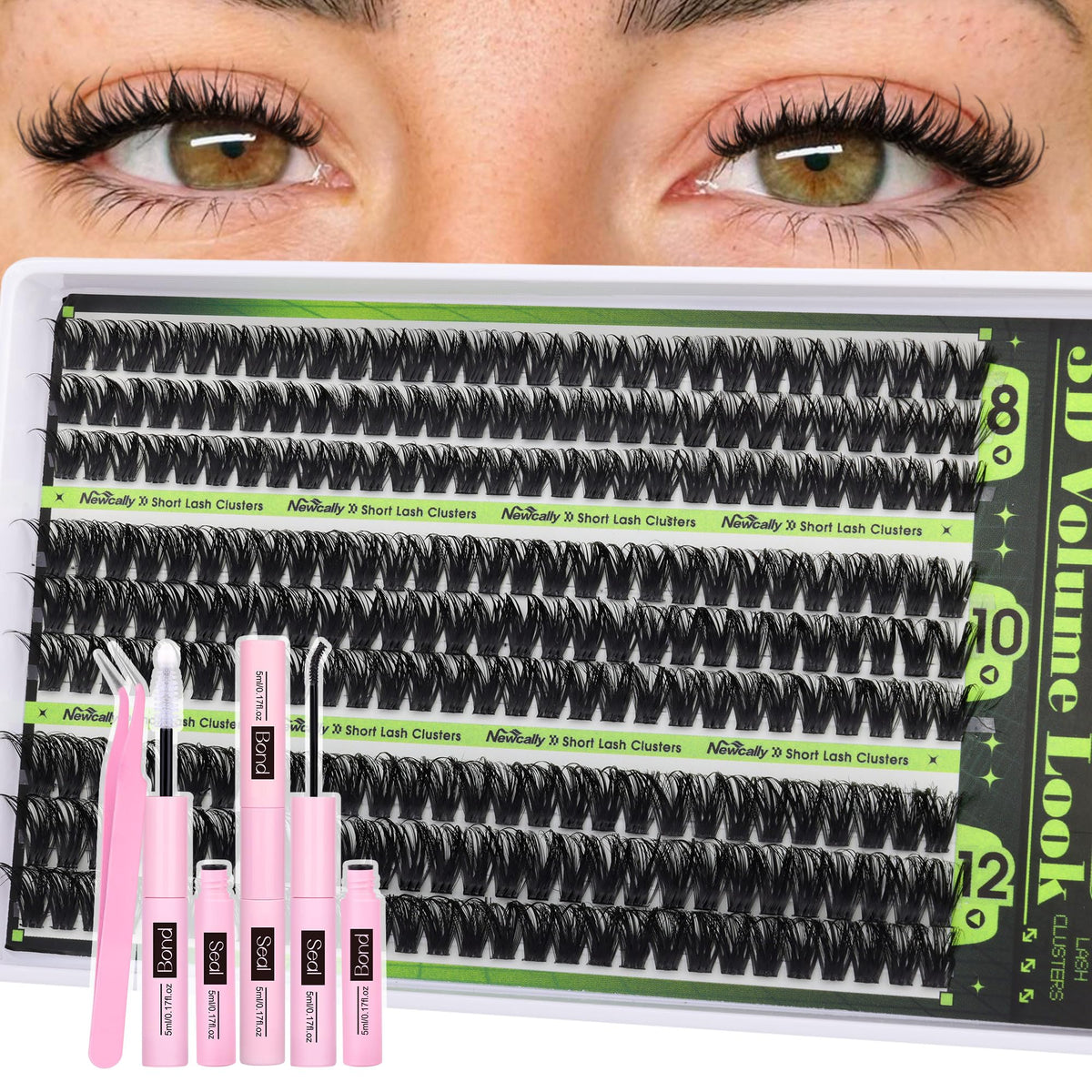 Newcally 80D lash clusters kit close-up short 8-12mm D-curly for wispy volume