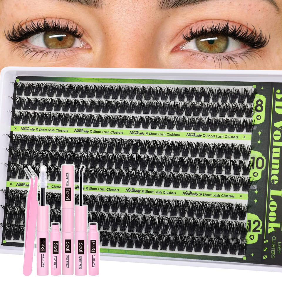 Newcally 80D lash clusters kit close-up short 8-12mm D-curly for wispy volume