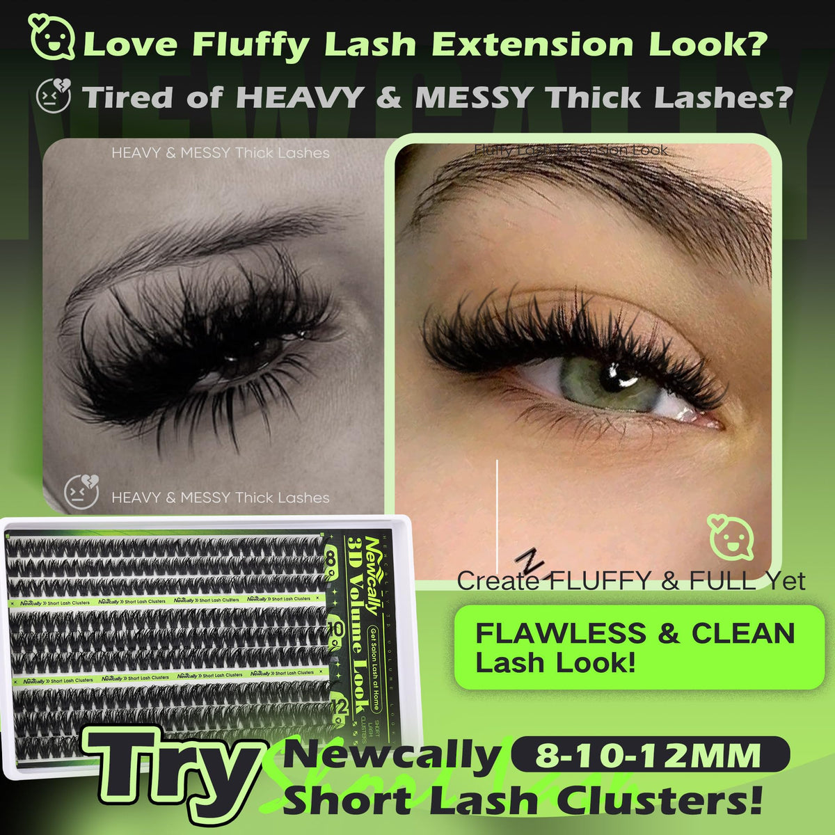 Close-up of wispy lashes using 8-12mm clusters for natural lift