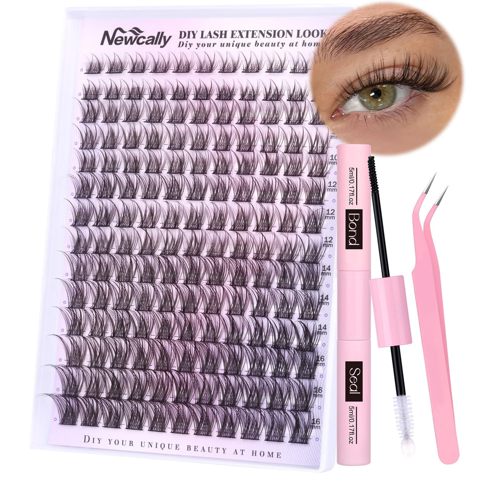 Newcally lash clusters kit packaging, at-home styling setup for reference