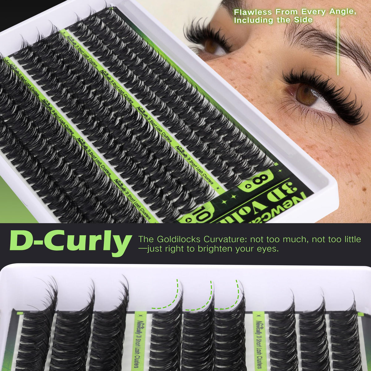Newcally brand visuals showing sleek, fluffy lash results