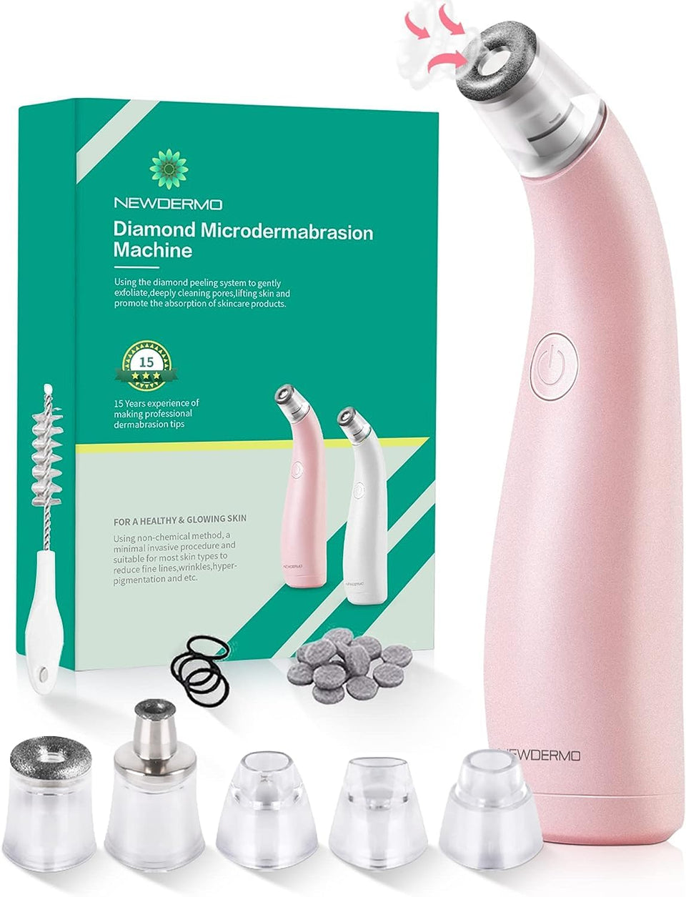NEWDERMO 2-in-1 microdermabrasion device for home facial care, spa-like exfoliation.