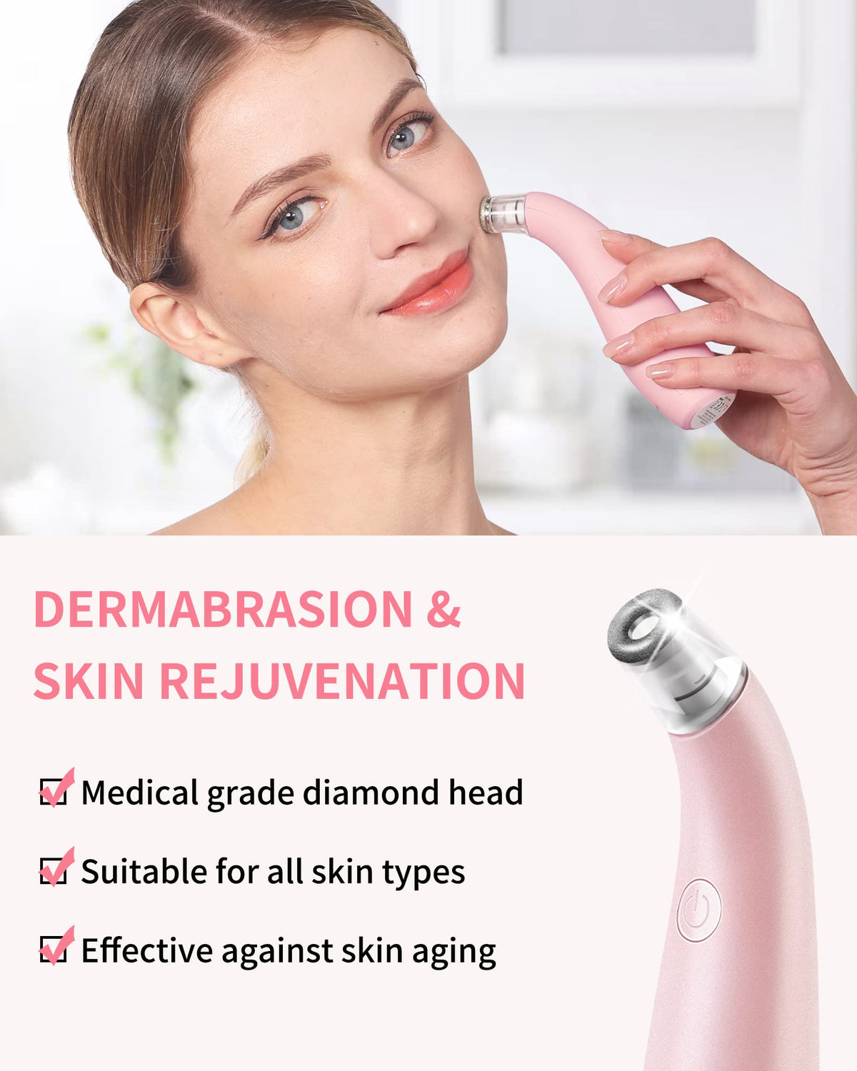 NEWDERMO diamond-tip-selection enables refined skin and gentler at-home exfoliation.