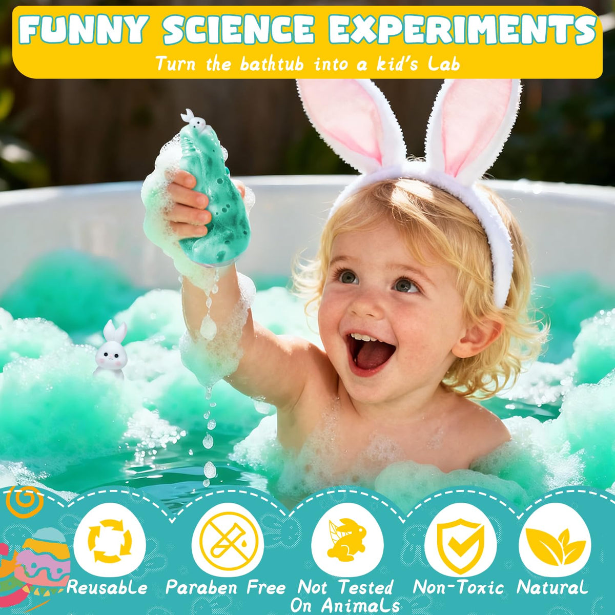 NEWFEIFAN Easter Potions foam explosion fills the tub with color.