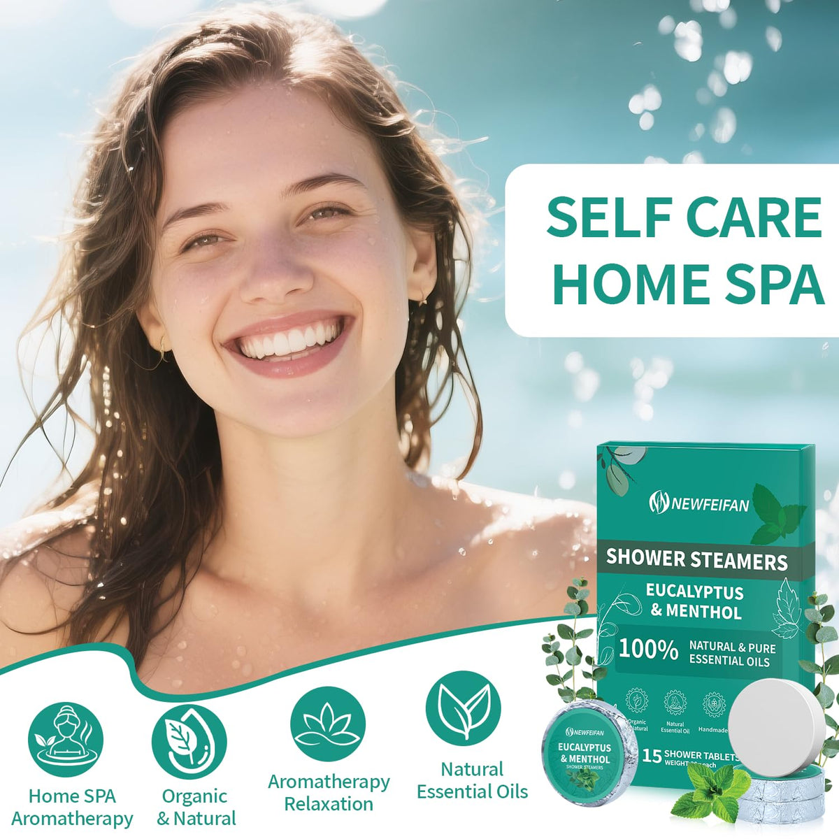 NEWFEIFAN organic essential oils label highlights natural ingredients and spa aroma