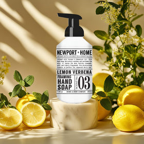 Newport Home Foaming Hand Soap 4-pack packaging featuring a sleek black and white design.