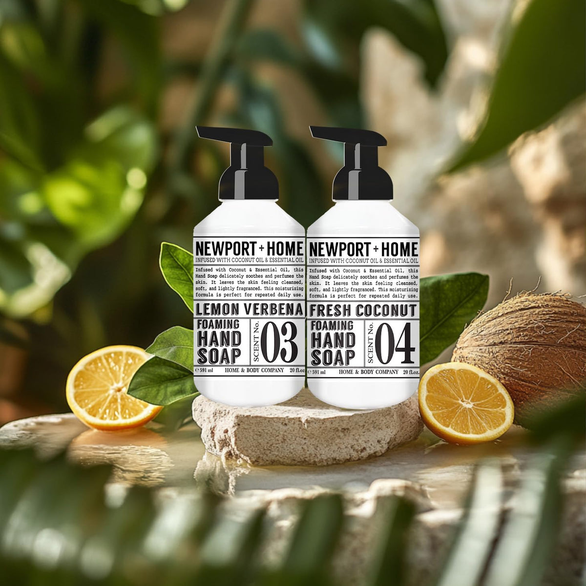Newport Home Foaming Hand Soap Fresh Coconut bottle with tropical aroma for nourished hands.