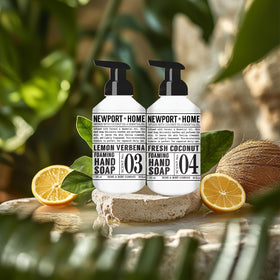 Newport Home Foaming Hand Soap Fresh Coconut bottle with tropical aroma for nourished hands.