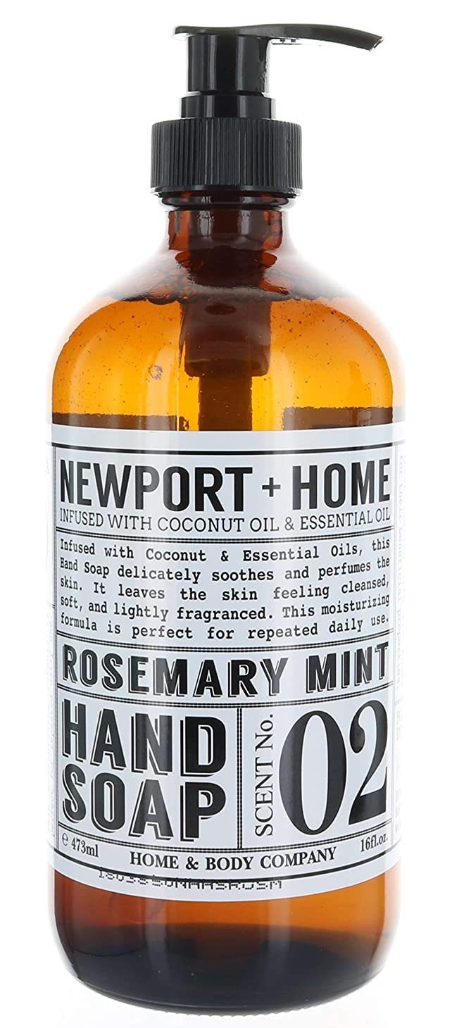 Newport Home Hand Soap rosemary mint in glass bottle, refreshing aroma for daily cleansing