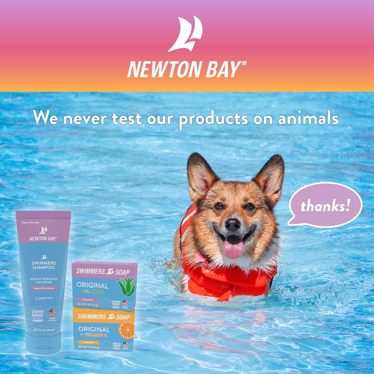 Newton Bay Swimmers Soap Clean Label Project badge on packaging.