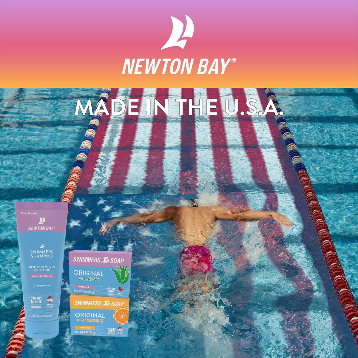 Newton Bay Swimmers Soap USA-made pack emphasizing domestic production.