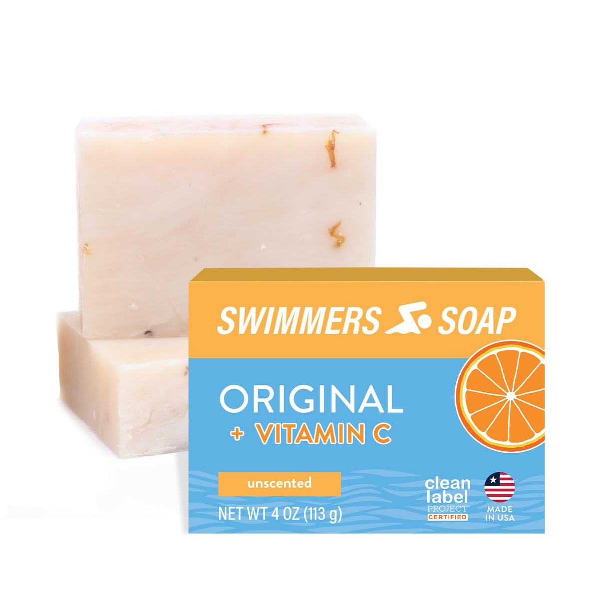 Newton Bay Swimmers Soap Vitamin C bar, front view, shows chlorine removal potential.
