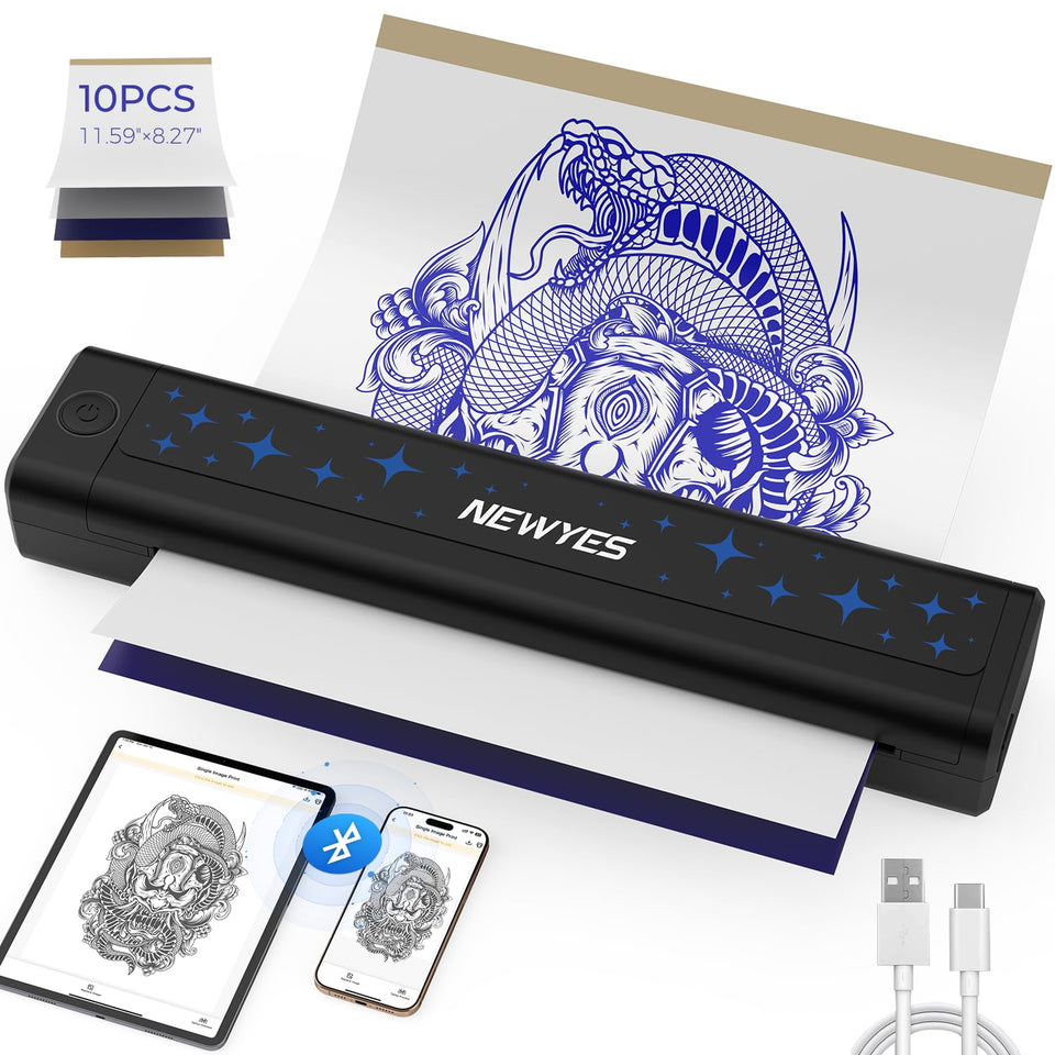 NEWYES tattoo stencil printer front view highlighting compact studio-friendly design.