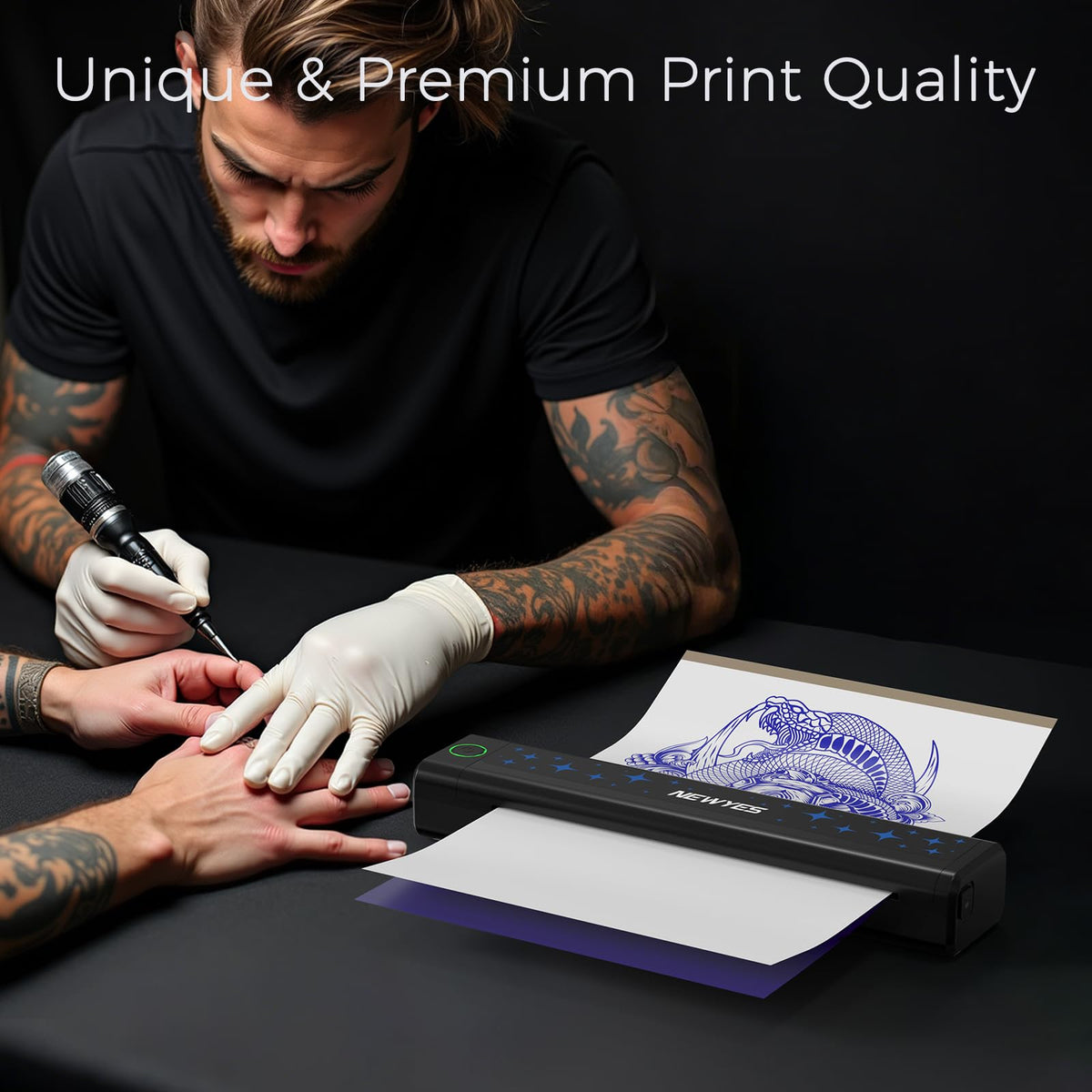 NEWYES tattoo stencil printer printing detail close-up showing clear lines.