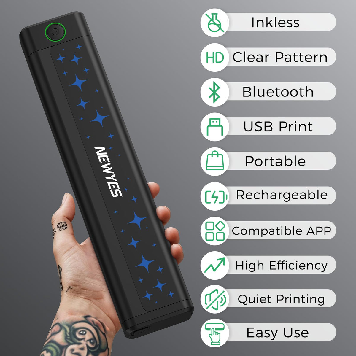 NEWYES tattoo stencil printer side usage view showcases portable travel-ready setup.