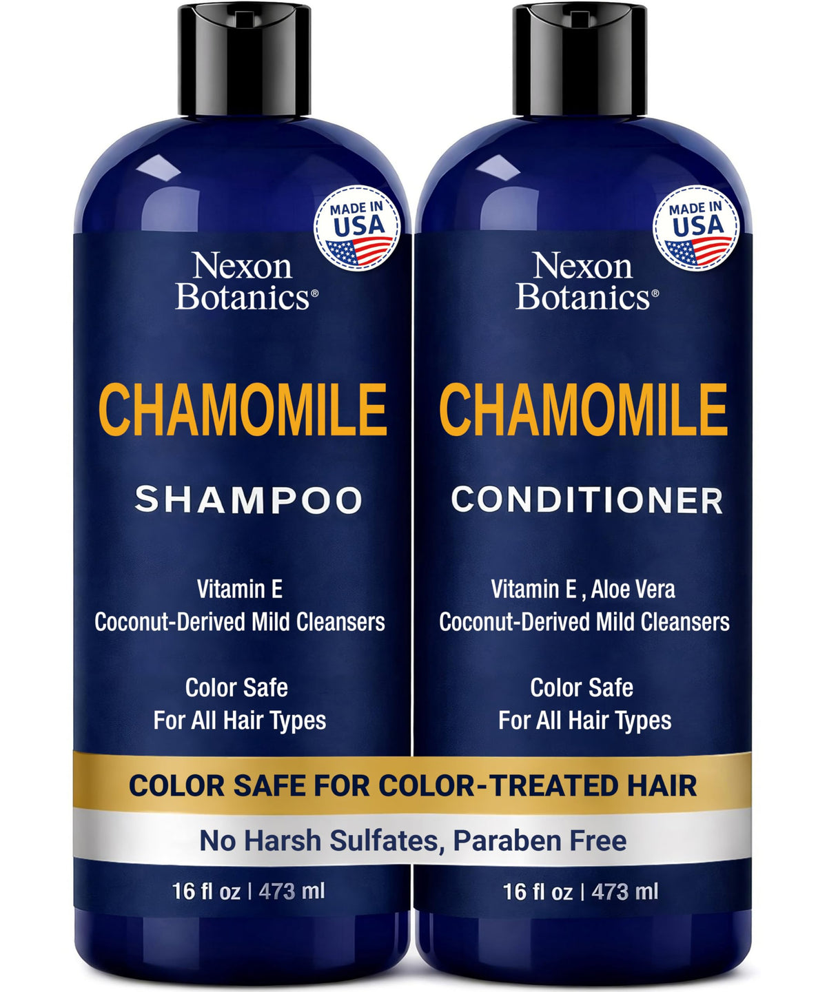 Nexon Botanics Chamomile shampoo bottle shows color-safe cleansing for all hair types