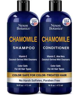 Nexon Botanics Chamomile shampoo bottle shows color-safe cleansing for all hair types