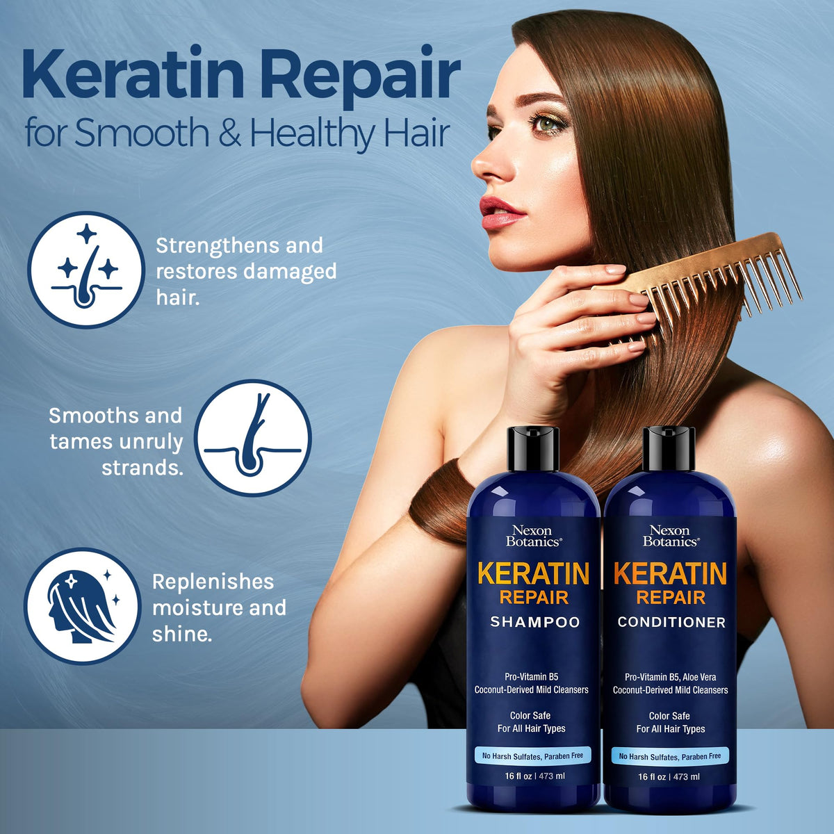 Nexon Botanics Keratin Set packaging shows USA-made, cruelty-free promise.
