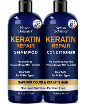 Nexon Botanics Keratin Shampoo bottle promotes smoother, shinier hair.